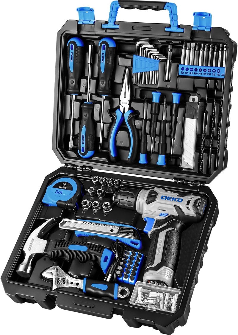 DEKOPRO Drill Set: Tool Set with 8V Blue Cordless Drill, Home Tool Kit with Drill, Hand Tool Kits for Women 126 Piece - Image 1